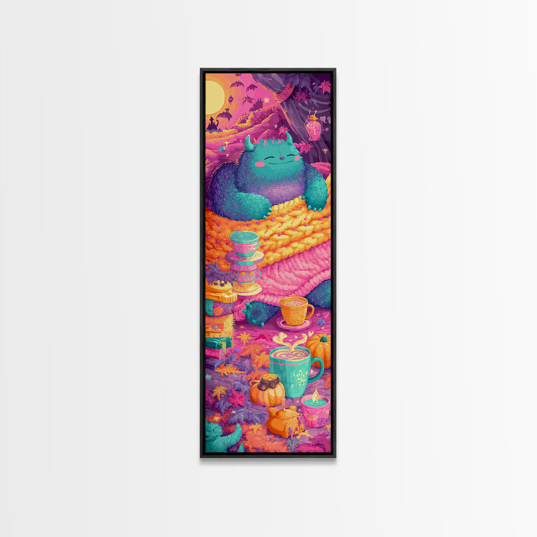 The Monster Under The Bed Tea Party, Retro Neon Halloween Art, Tall Narrow Wall Art, Framed Canvas Print, Retro Halloween Decor