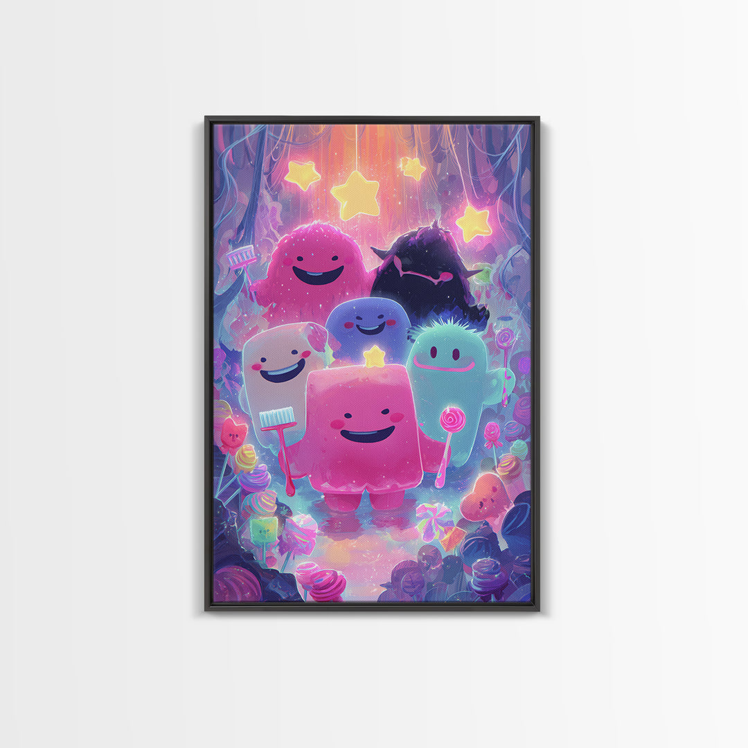 The Monster Toothbrush Club, Vaporwave Halloween Decor, Vertical Wall Art, Framed Canvas Print, Retro Halloween Decor, Neon Wall Art