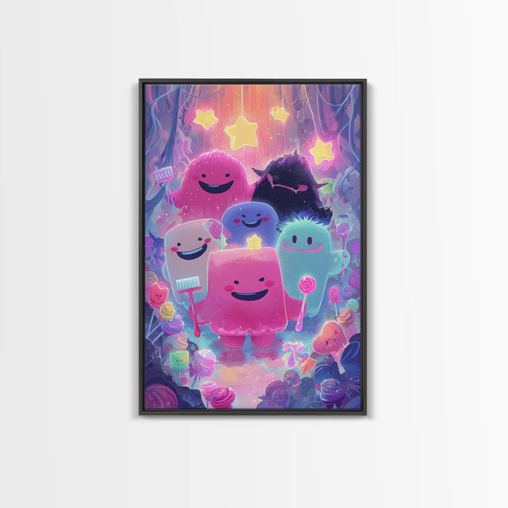 The Monster Toothbrush Club, Vaporwave Halloween Decor, Vertical Wall Art, Framed Canvas Print, Retro Halloween Decor, Neon Wall Art