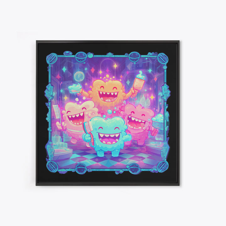 The Monster Toothbrush Club, Vaporwave Halloween Decor, Square Wall Art, Canvas Print, Retro Halloween Decor, Neon Wall Art