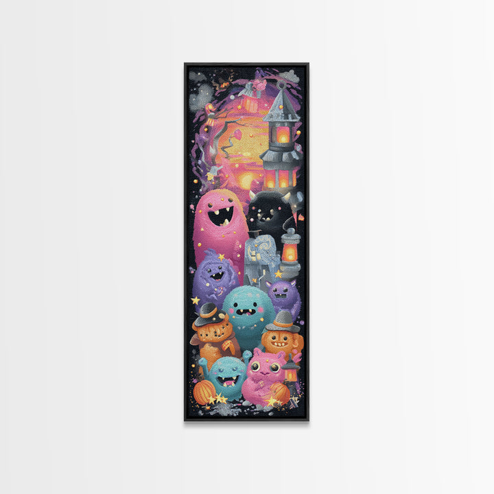 The Monster Toothbrush Club, Retro Neon Halloween Art, Tall Narrow Wall Art, Canvas Print, Retro Halloween Decor, Neon Wall Art