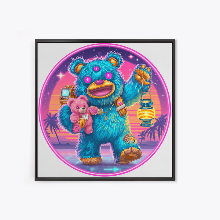The Three-Eyed Teddy Monster, Cute Spooky Neon Art, Square Wall Art, Framed Canvas Print, Retro Halloween Decor, Neon Wall Art