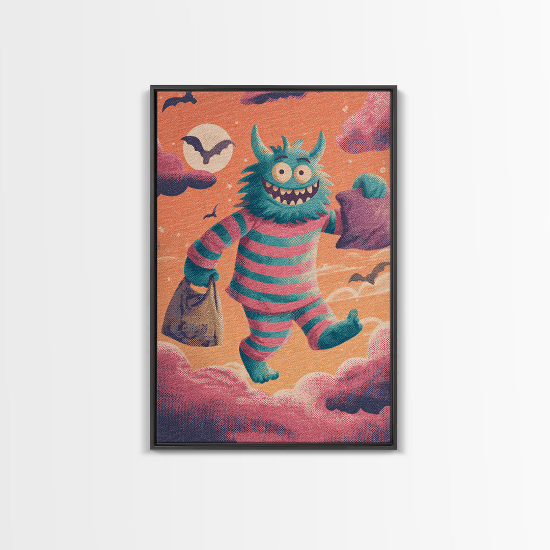The Monster Pajama Parade, Synthwave Halloween Art, Vertical Wall Art, Framed Canvas Print, Retro Halloween Decor, Neon Wall Art