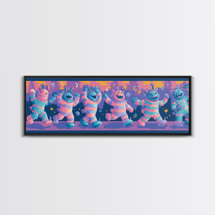 The Monster Pajama Parade, 80s Halloween Wall Art, Extra Wide Wall Art, Framed Canvas Print, Retro Halloween Decor, Neon Wall Art