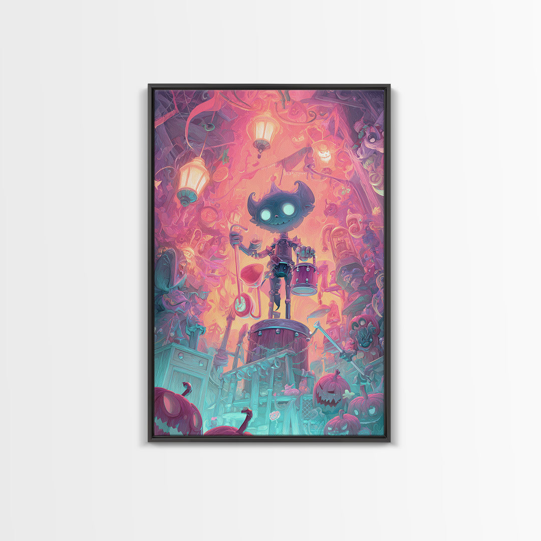 The Little Monster Orchestra, Synthwave Halloween Art, Vertical Wall Art, Canvas Print, Retro Halloween Decor, Neon Wall Art