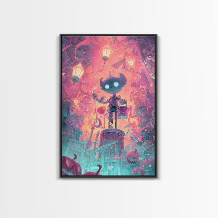 The Little Monster Orchestra, Synthwave Halloween Art, Vertical Wall Art, Canvas Print, Retro Halloween Decor, Neon Wall Art