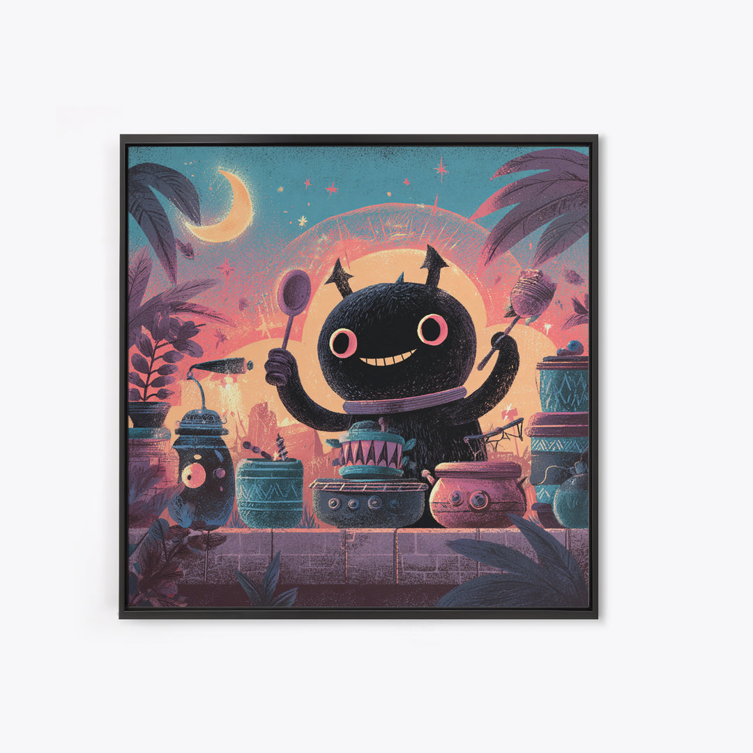 The Little Monster Orchestra, Cute Spooky Neon Art, Square Wall Art, Framed Canvas Print, Retro Halloween Decor, Neon Wall Art