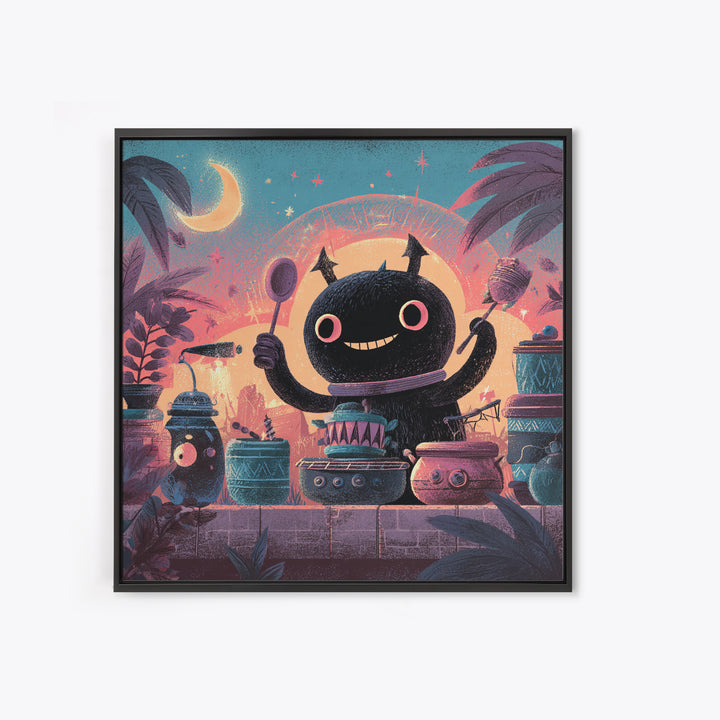 The Little Monster Orchestra, Cute Spooky Neon Art, Square Wall Art, Framed Canvas Print, Retro Halloween Decor, Neon Wall Art