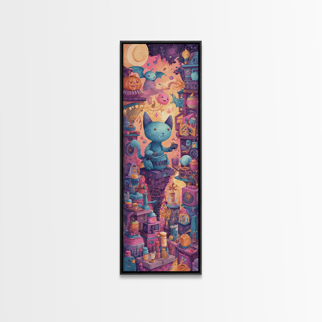 The Little Monster Orchestra, 80s Halloween Wall Art, Tall Narrow Wall Art, Canvas Print, Retro Halloween Decor, Neon Wall Art