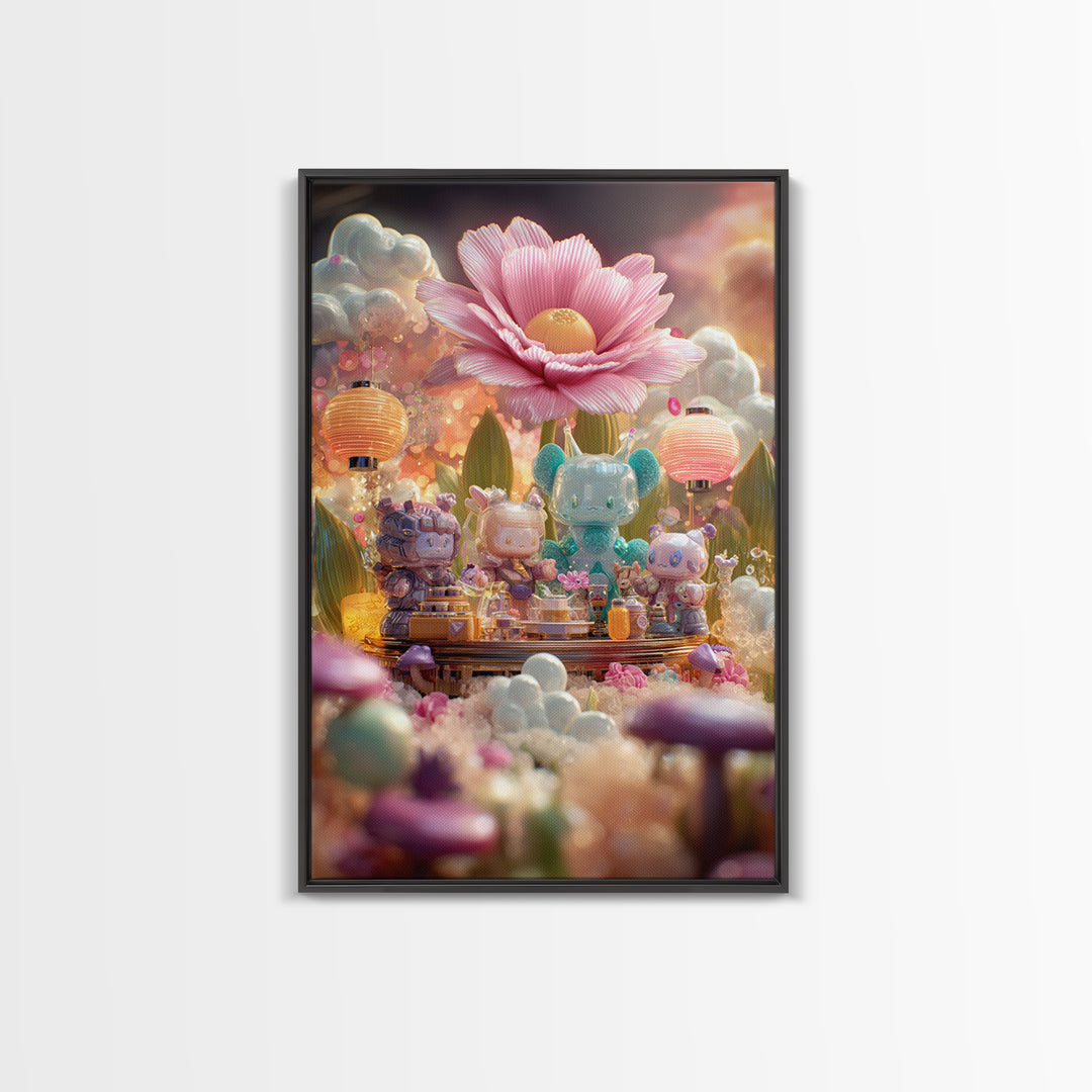 The Monster Flower Shop, Cute Spooky Neon Art, Vertical Wall Art, Framed Canvas Print, Retro Halloween Decor, Neon Wall Art