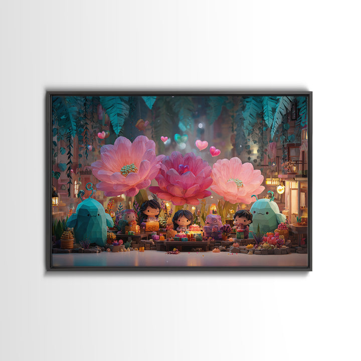 The Monster Flower Shop, Retro Neon Halloween Art, Landscape Wall Art, Framed Canvas Print, Retro Halloween Decor, Neon Wall Art