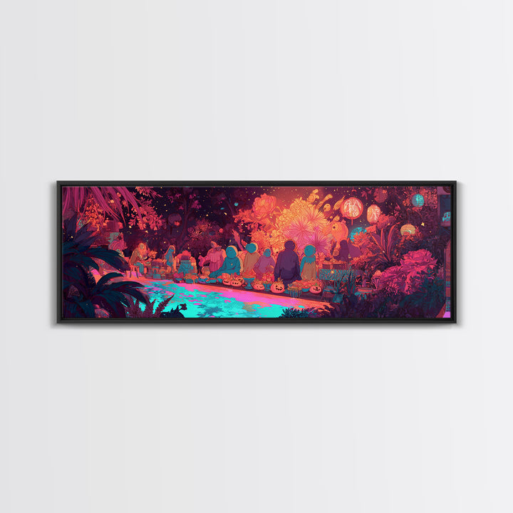 The Monster Flower Shop, Synthwave Halloween Art, Extra Wide Wall Art, Framed Canvas Print, Retro Halloween Decor, Neon Wall Art