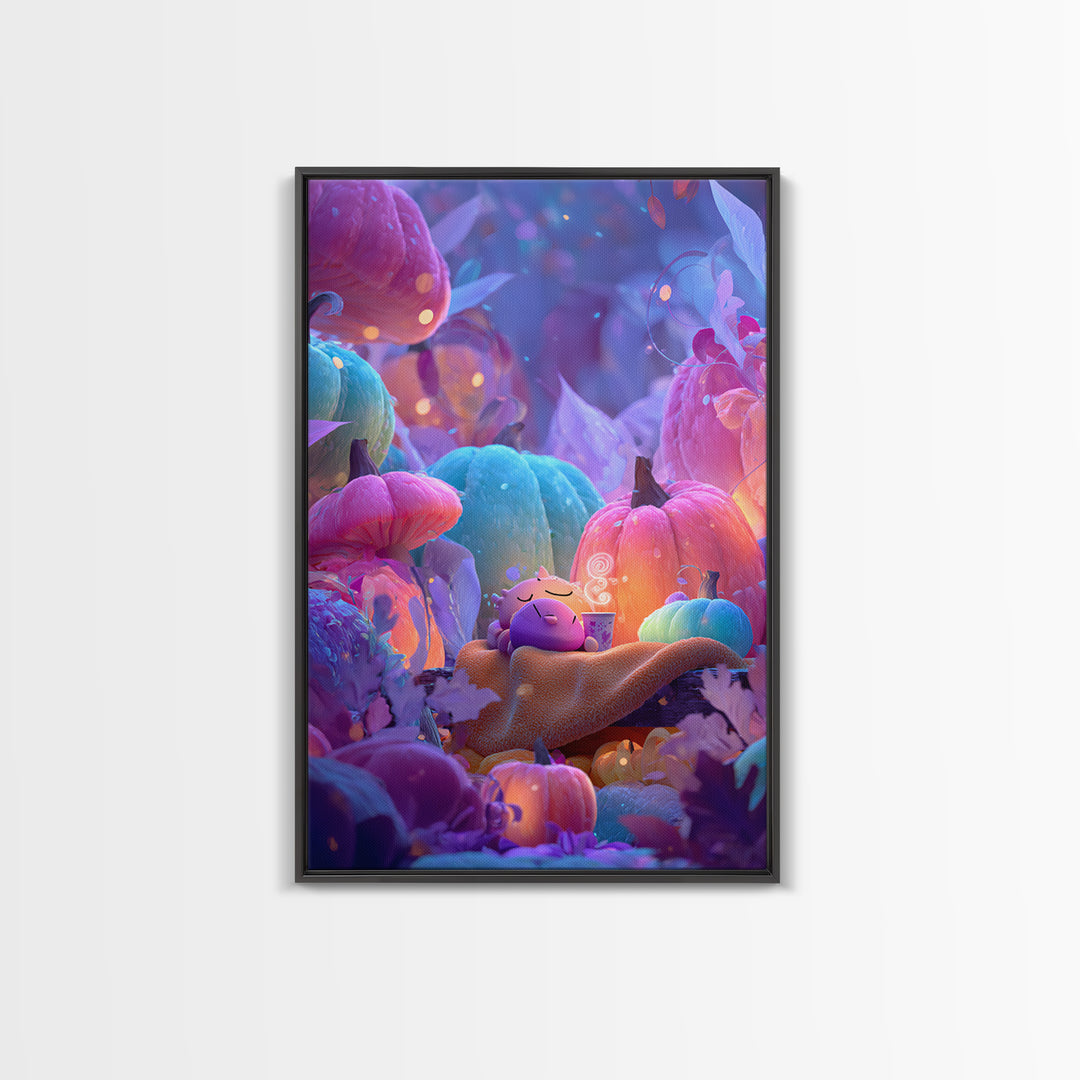 The Monster Hide-And-Seek Game, Synthwave Halloween Art, Vertical Wall Art, Canvas Print, Retro Halloween Decor, Neon Wall Art