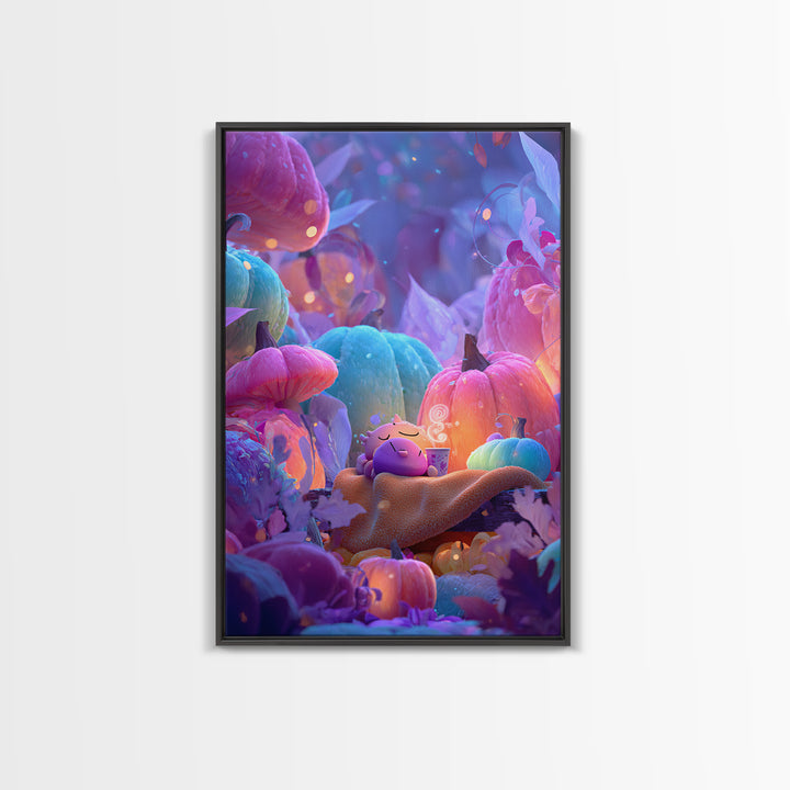 The Monster Hide-And-Seek Game, Synthwave Halloween Art, Vertical Wall Art, Canvas Print, Retro Halloween Decor, Neon Wall Art