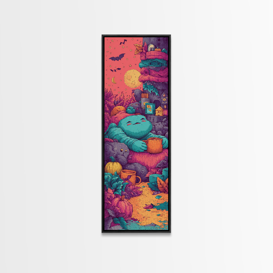 The Monster Hide-And-Seek Game, Cute Spooky Neon Art, Tall Narrow Wall Art, Canvas Print, Retro Halloween Decor, Neon Wall Art