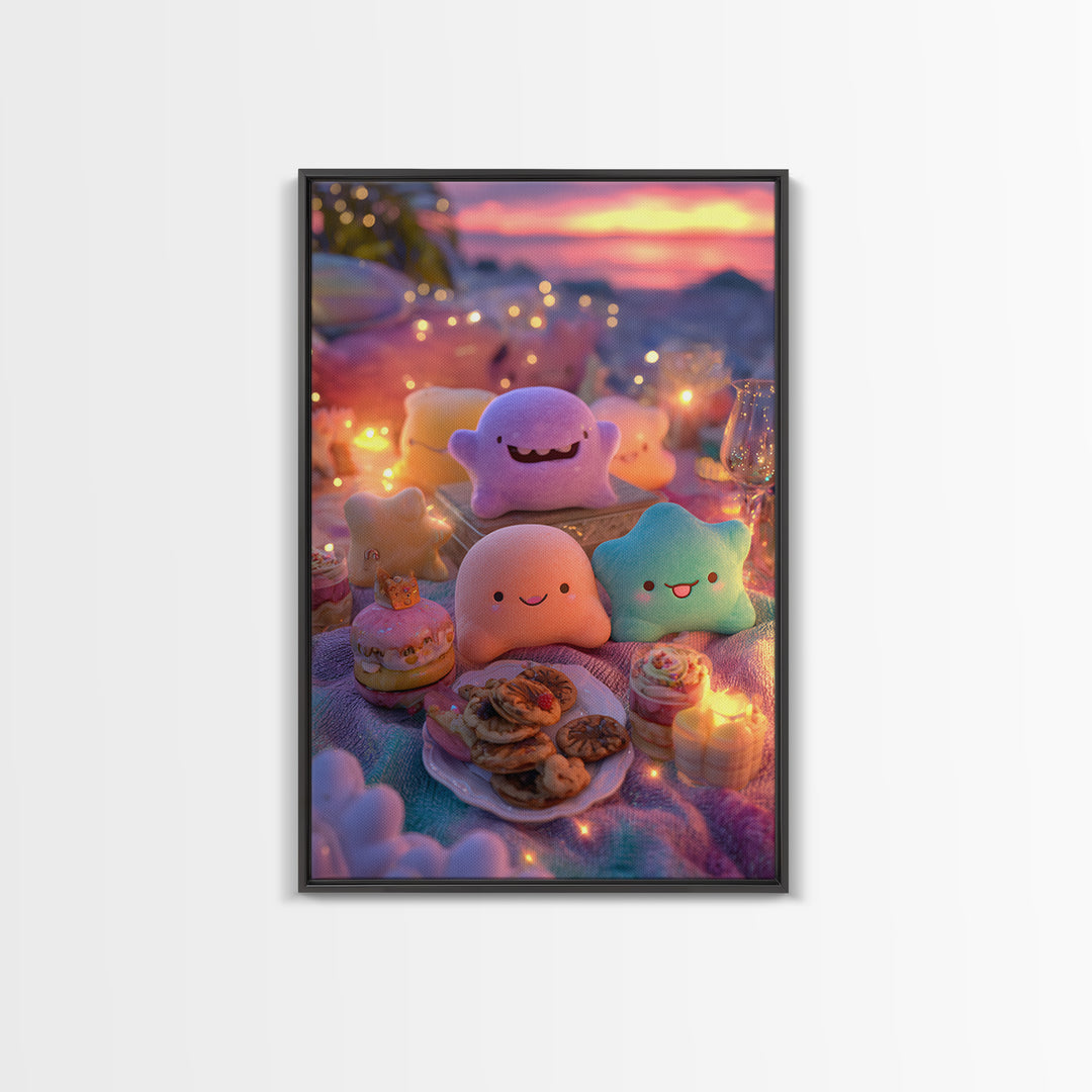 The Monster Friendship Picnic, Cute Spooky Neon Art, Vertical Wall Art, Canvas Print, Retro Halloween Decor, Neon Wall Art, Dark Fantasy Art