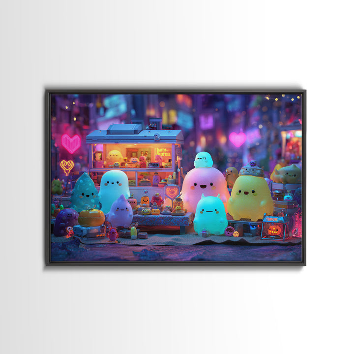 The Monster Friendship Picnic, Retro Neon Halloween Art, Landscape Wall Art, Framed Canvas Print, Retro Halloween Decor, Neon Wall Art