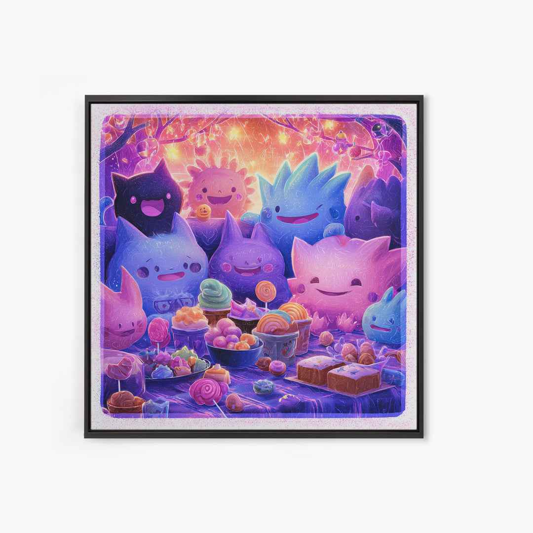 The Monster Friendship Picnic, Vaporwave Halloween Decor, Square Wall Art, Canvas Print, Retro Halloween Decor, Neon Wall Art