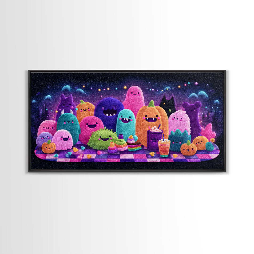 The Monster Friendship Picnic, Retro Neon Halloween Art, Wide Panoramic Art, Canvas Print, Retro Halloween Decor, Neon Wall Art