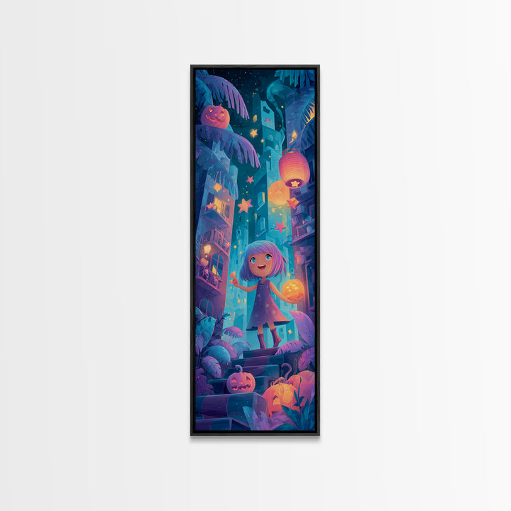 The Trick-Or-Treat Treasure Hunt, Cute Spooky Neon Art, Tall Narrow Wall Art, Canvas Print, Retro Halloween Decor, Neon Wall Art