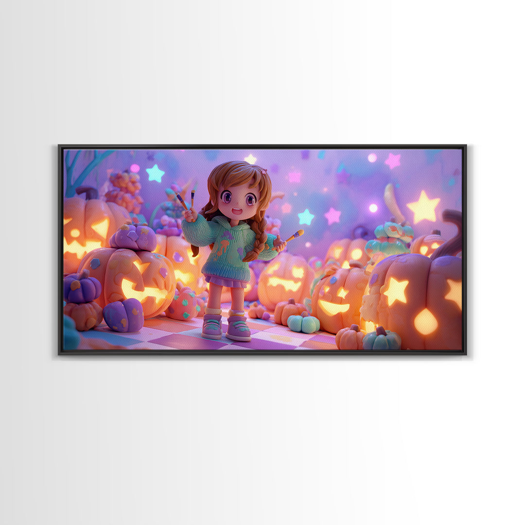 The Pumpkin Painting Party, Retro Neon Halloween Art, Wide Panoramic Art, Framed Canvas Print, Retro Halloween Decor, Neon Wall Art