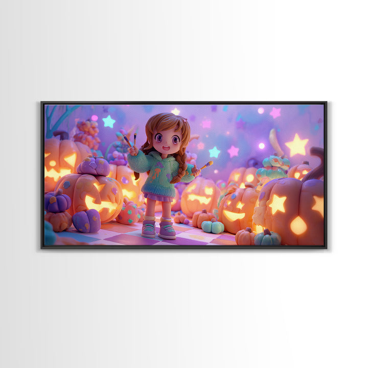 The Pumpkin Painting Party, Retro Neon Halloween Art, Wide Panoramic Art, Framed Canvas Print, Retro Halloween Decor, Neon Wall Art