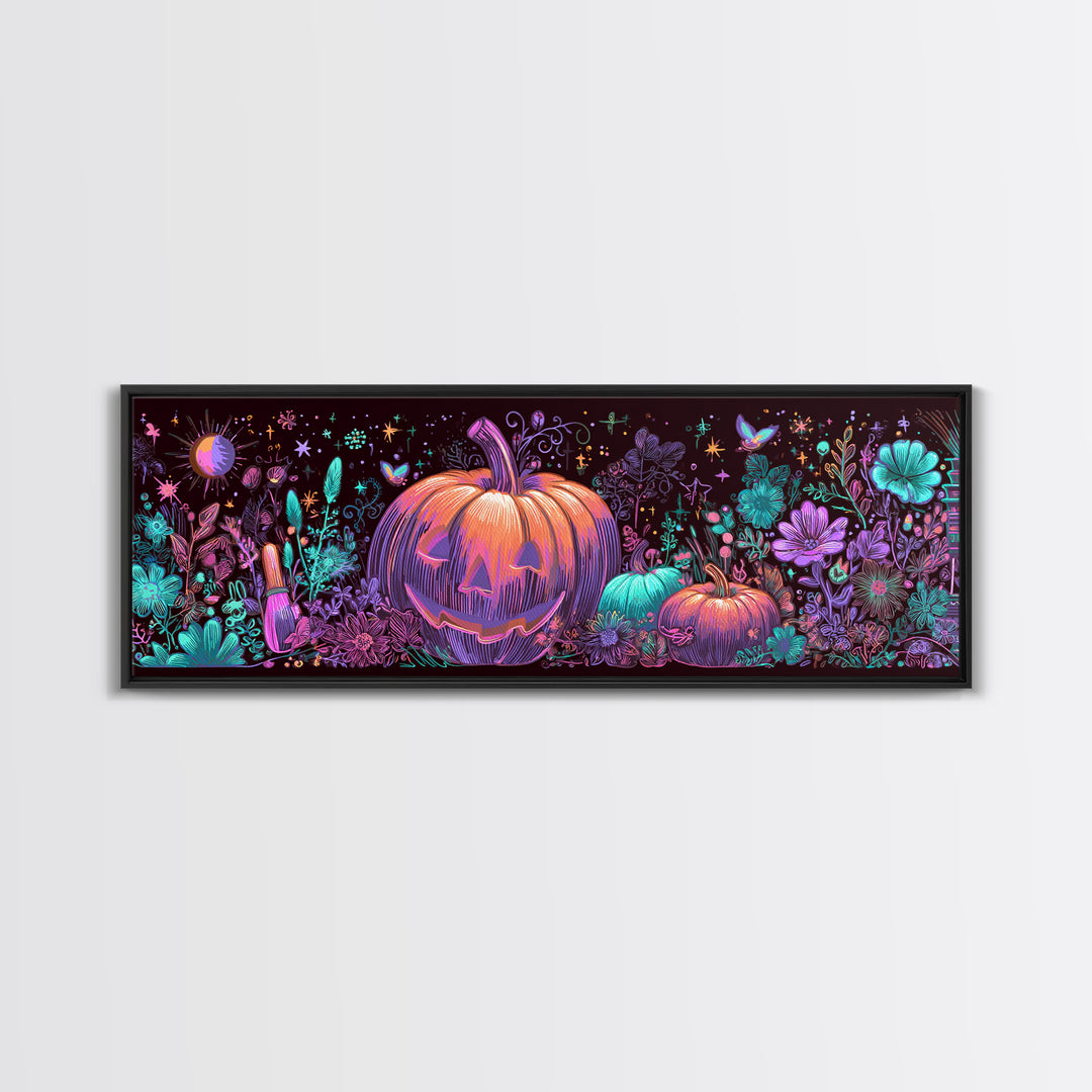 The Pumpkin Painting Party, 80s Halloween Wall Art, Extra Wide Wall Art, Canvas Print, Retro Halloween Decor, Neon Wall Art