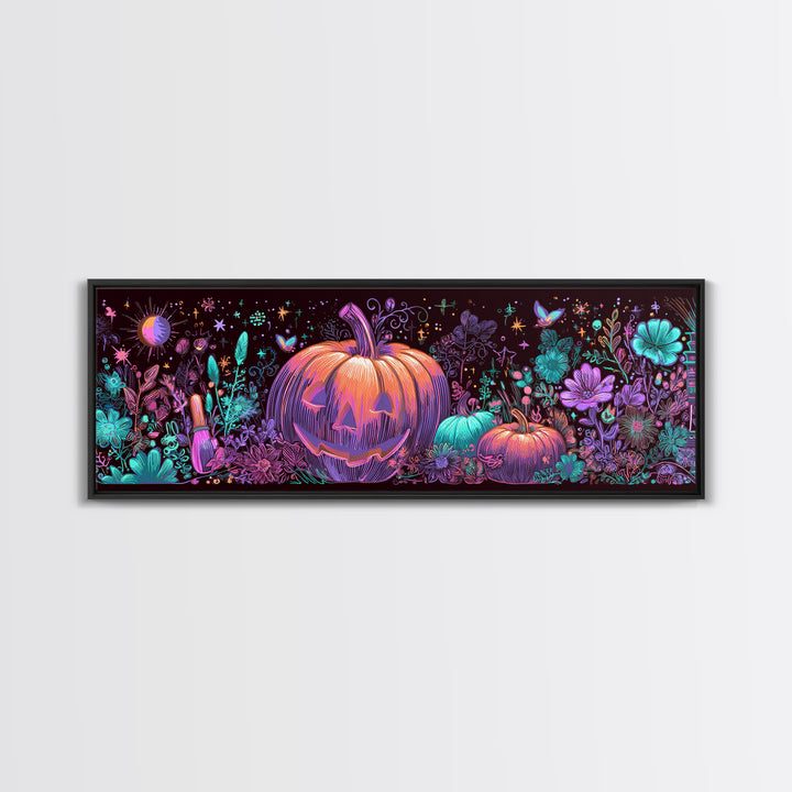 The Pumpkin Painting Party, 80s Halloween Wall Art, Extra Wide Wall Art, Canvas Print, Retro Halloween Decor, Neon Wall Art
