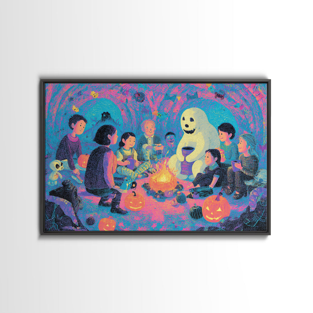 The Halloween Story Circle, Retro Neon Halloween Art, Landscape Wall Art, Canvas Print, Retro Halloween Decor, Neon Wall Art