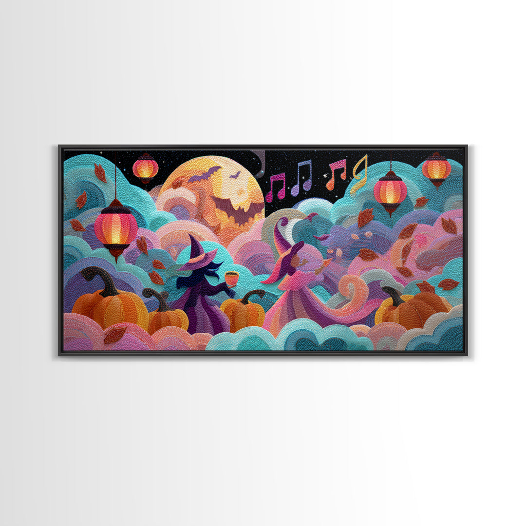 The Moonlight Dance Party, Cute Spooky Neon Art, Wide Panoramic Art, Framed Canvas Print, Retro Halloween Decor, Neon Wall Art
