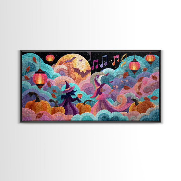 The Moonlight Dance Party, Cute Spooky Neon Art, Wide Panoramic Art, Framed Canvas Print, Retro Halloween Decor, Neon Wall Art