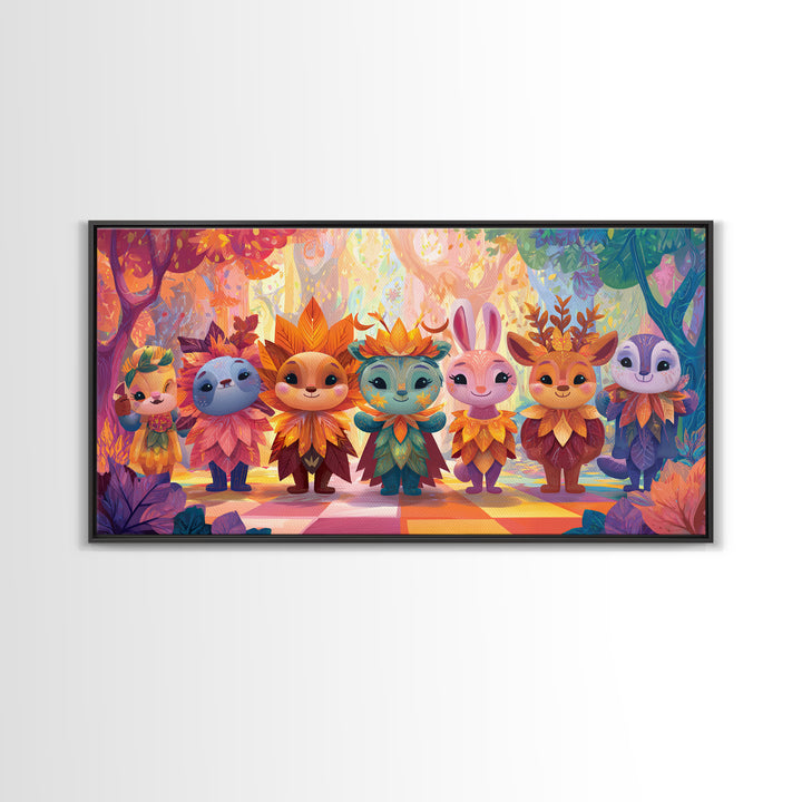 The Autumn Leaf Costume Contest, Cute Spooky Neon Art, Wide Panoramic Art, Canvas Print, Retro Halloween Decor, Neon Wall Art