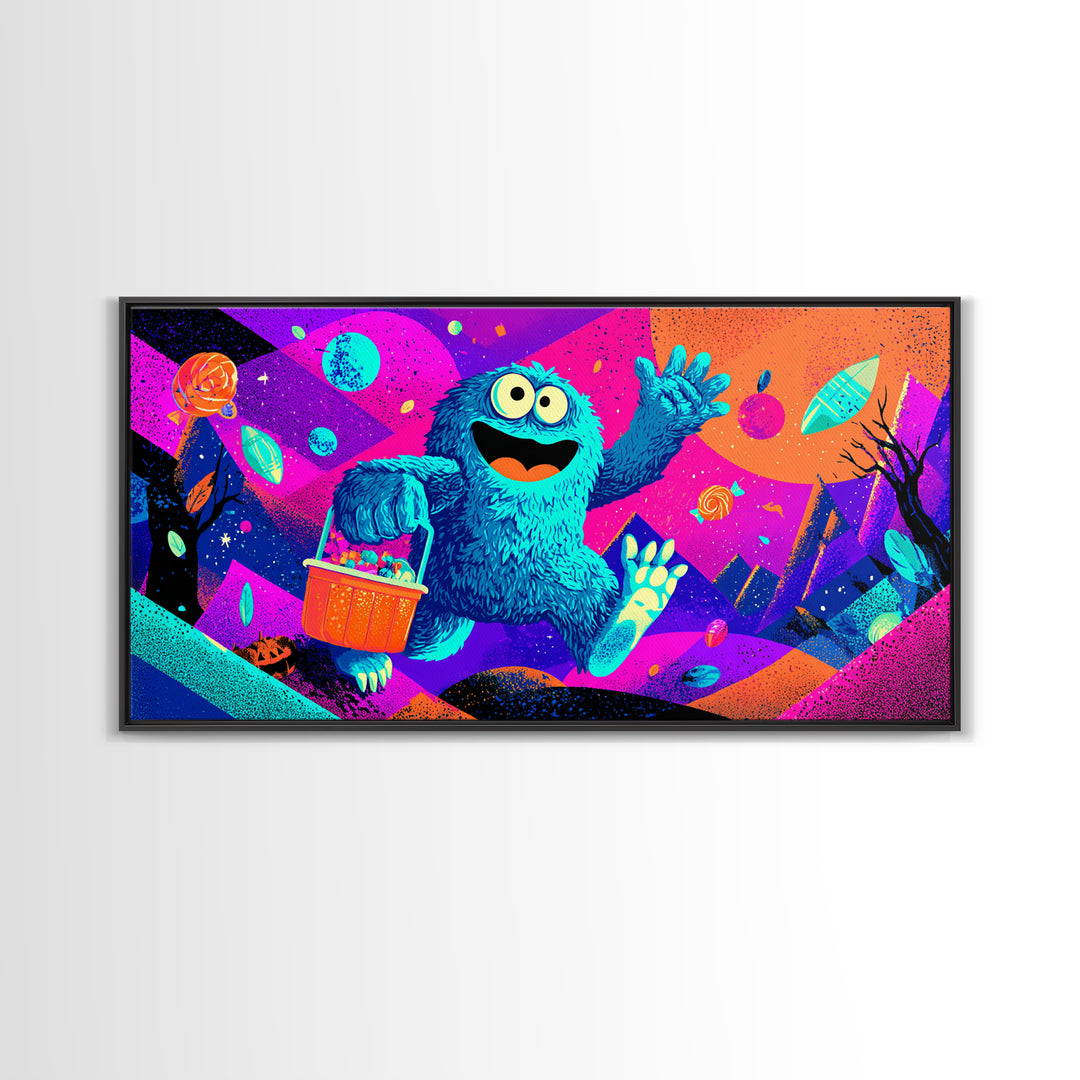 The Candy Bucket Relay Race, Cute Spooky Neon Art, Wide Panoramic Art, Canvas Print, Retro Halloween Decor, Neon Wall Art, Dark Fantasy Art