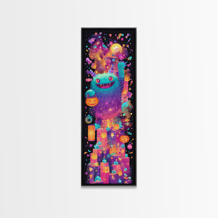 The Candy Bucket Relay Race, 80s Halloween Wall Art, Tall Narrow Wall Art, Framed Canvas Print, Retro Halloween Decor, Neon Wall Art