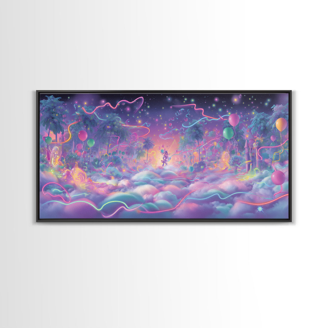 The Broomstick Obstacle Course, Vaporwave Halloween Decor, Wide Panoramic Art, Framed Canvas Print, Retro Halloween Decor, Neon Wall Art