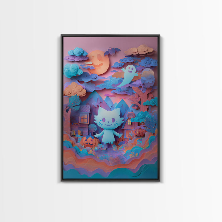 The Halloween Craft Table, Cute Spooky Neon Art, Vertical Wall Art, Framed Canvas Print, Retro Halloween Decor, Neon Wall Art