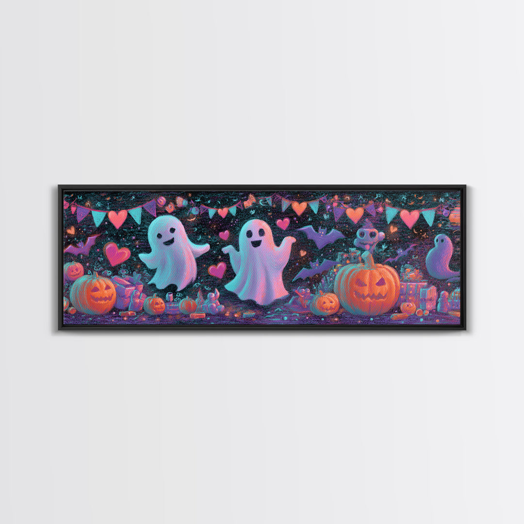 The Halloween Craft Table, Retro Neon Halloween Art, Extra Wide Wall Art, Framed Canvas Print, Retro Halloween Decor, Neon Wall Art