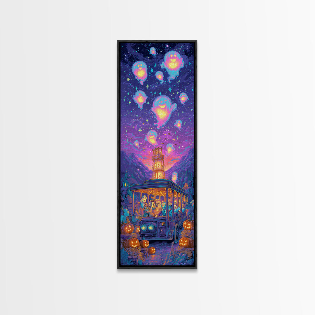 The Friendly Haunted Hayride, 80s Halloween Wall Art, Tall Narrow Wall Art, Canvas Print, Retro Halloween Decor, Neon Wall Art