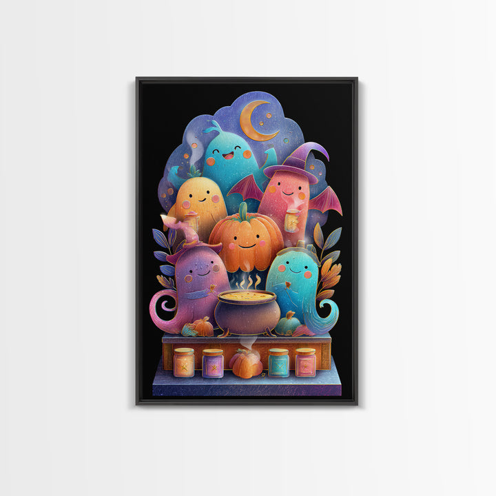 The Pumpkin Pancake Breakfast, Retro Neon Halloween Art, Vertical Wall Art, Canvas Print, Retro Halloween Decor, Neon Wall Art