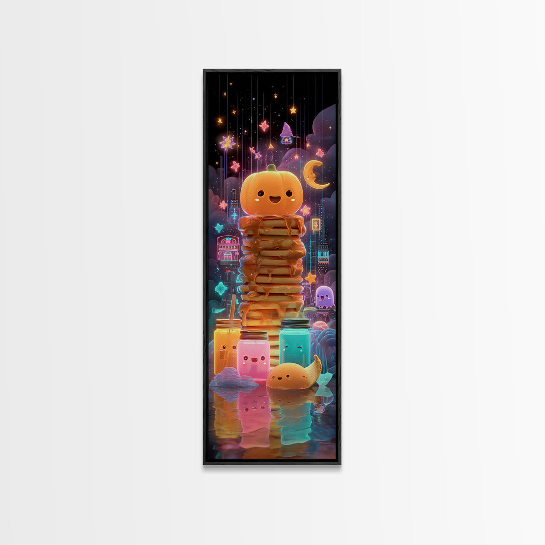 The Pumpkin Pancake Breakfast, Retro Neon Halloween Art, Tall Narrow Wall Art, Canvas Print, Retro Halloween Decor, Neon Wall Art