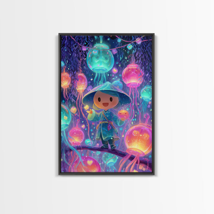 The Lantern-Making Festival, Vaporwave Halloween Decor, Vertical Wall Art, Canvas Print, Retro Halloween Decor, Neon Wall Art