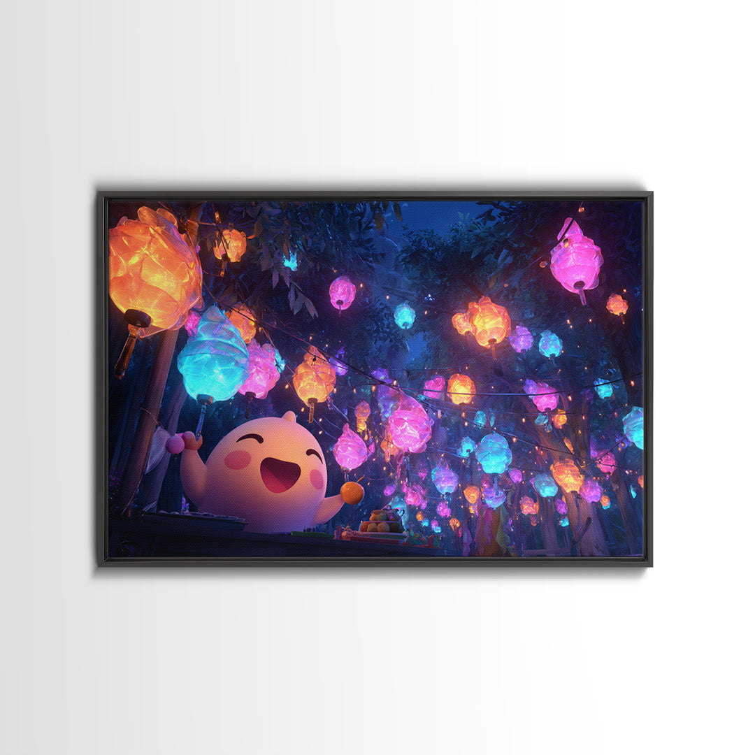 The Lantern-Making Festival, Retro Neon Halloween Art, Landscape Wall Art, Canvas Print, Retro Halloween Decor, Neon Wall Art