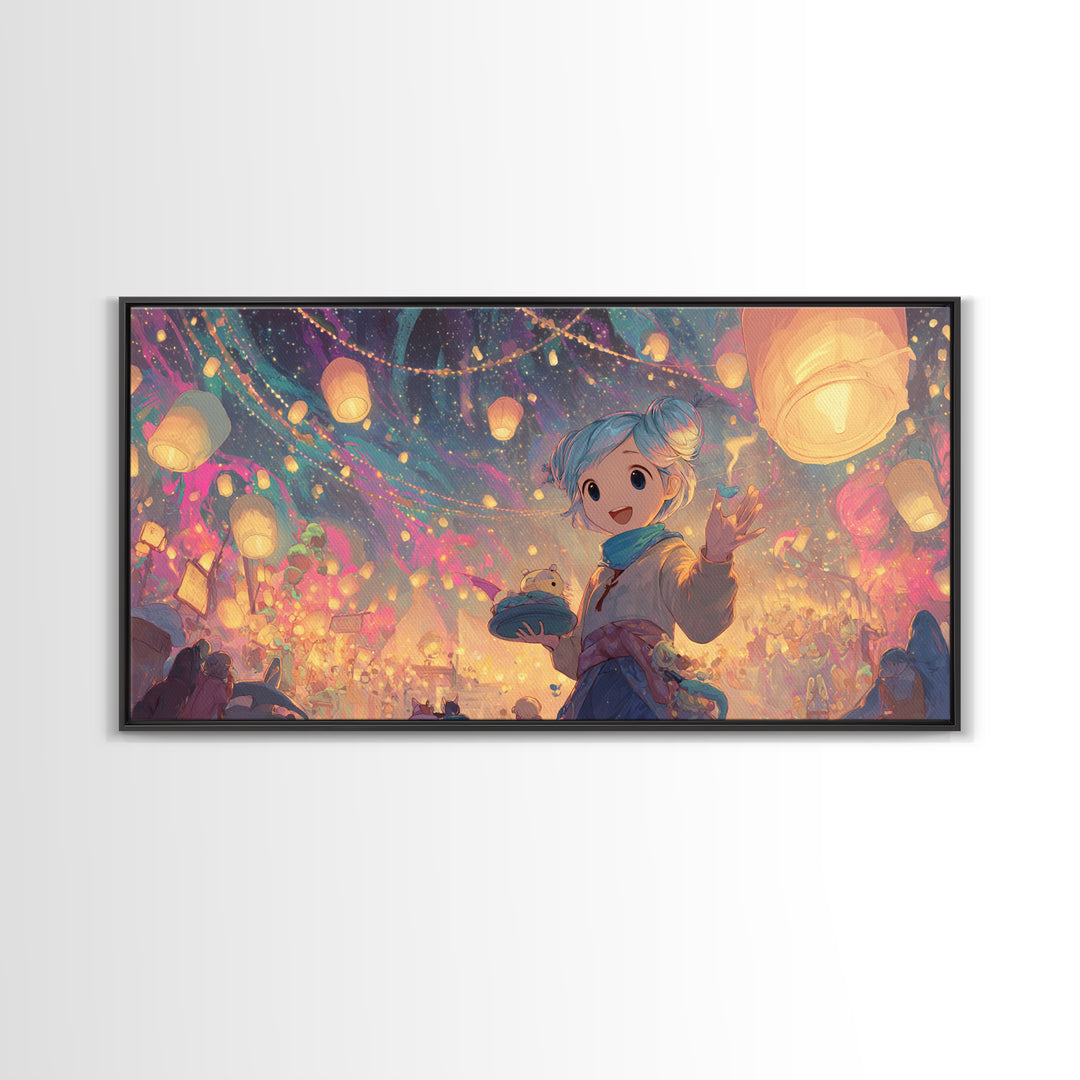 The Lantern-Making Festival, Vaporwave Halloween Decor, Wide Panoramic Art, Canvas Print, Retro Halloween Decor, Neon Wall Art