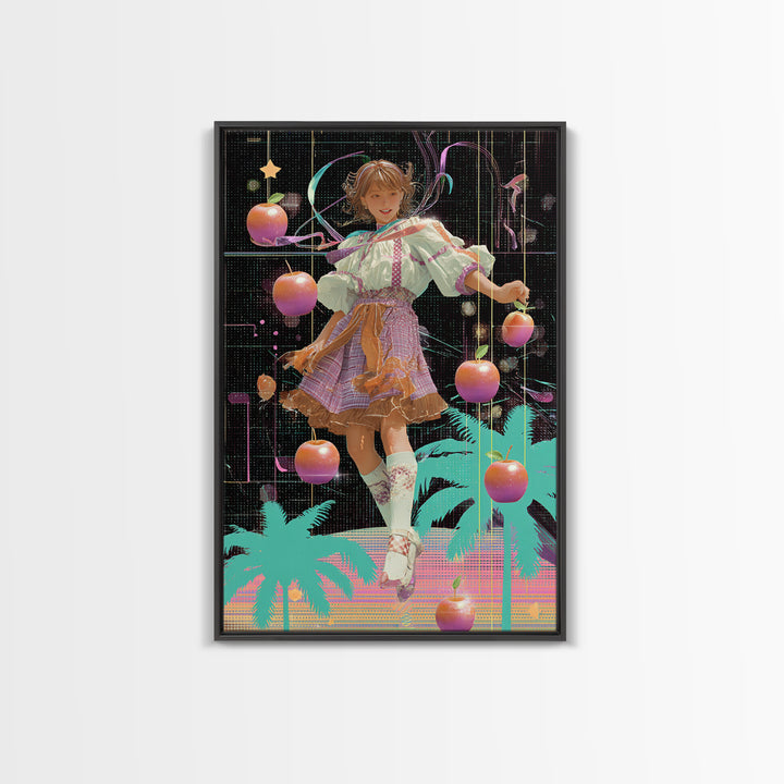 The Candy Apple Dance, Vaporwave Halloween Decor, Vertical Wall Art, Framed Canvas Print, Retro Halloween Decor, Neon Wall Art