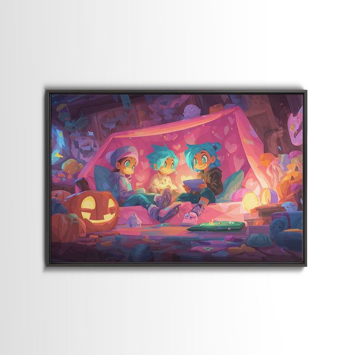 The Halloween Sleepover, 80s Halloween Wall Art, Landscape Wall Art, Framed Canvas Print, Retro Halloween Decor, Neon Wall Art