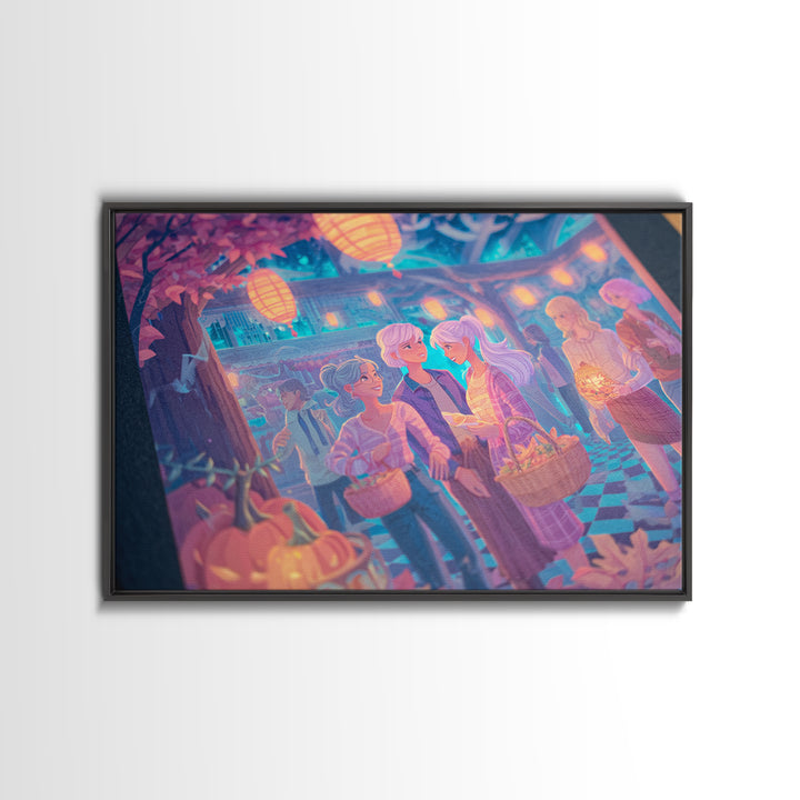The Moonlit Scavenger Hunt, 80s Halloween Wall Art, Landscape Wall Art, Framed Canvas Print, Retro Halloween Decor, Neon Wall Art