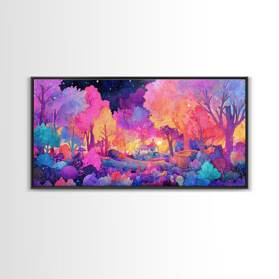 The Moonlit Scavenger Hunt, 80s Halloween Wall Art, Wide Panoramic Art, Canvas Print, Retro Halloween Decor, Neon Wall Art