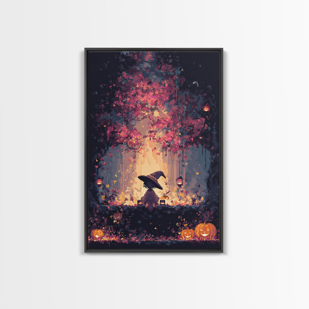 The Witch Hat Ring Toss, Vaporwave Halloween Decor, Vertical Wall Art, Canvas Print, Retro Halloween Decor, Neon Wall Art, Spooky Wall Decor