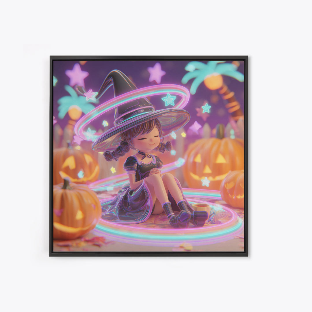 The Witch Hat Ring Toss, Retro Neon Halloween Art, Square Wall Art, Canvas Print, Retro Halloween Decor, Neon Wall Art