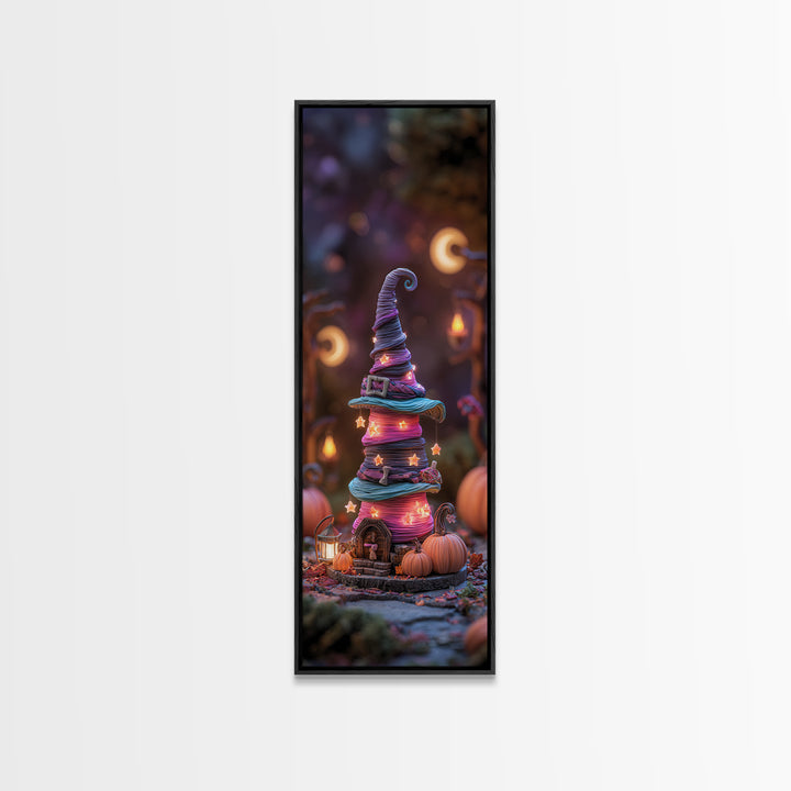 The Witch Hat Ring Toss, 80s Halloween Wall Art, Tall Narrow Wall Art, Framed Canvas Print, Retro Halloween Decor, Neon Wall Art